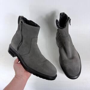 Aquatalia Combat Ankle Boots men's 9 Gray Suede Block Heel Almond Toe Side Zip